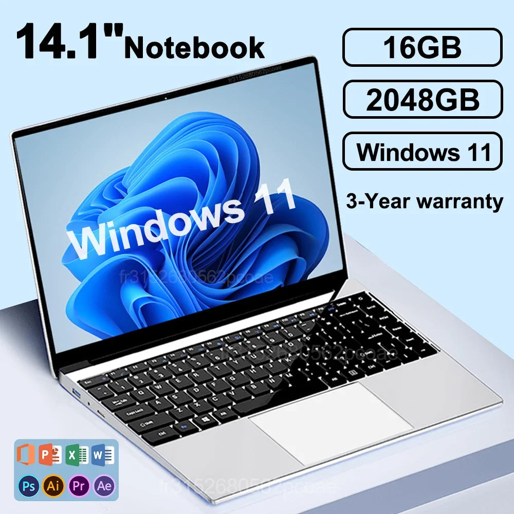 14.1" Ultra Slim Laptop, 16GB RAM, 2TB SSD, Intel N3700, FHD Display, Win 11 Pro