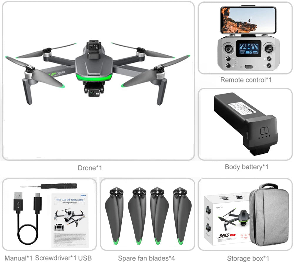 S155 Pro Max Drone 5G GPS 8K HD, 3-Axis Gimbal, 500g Load, 360° Obstacle Avoidance '