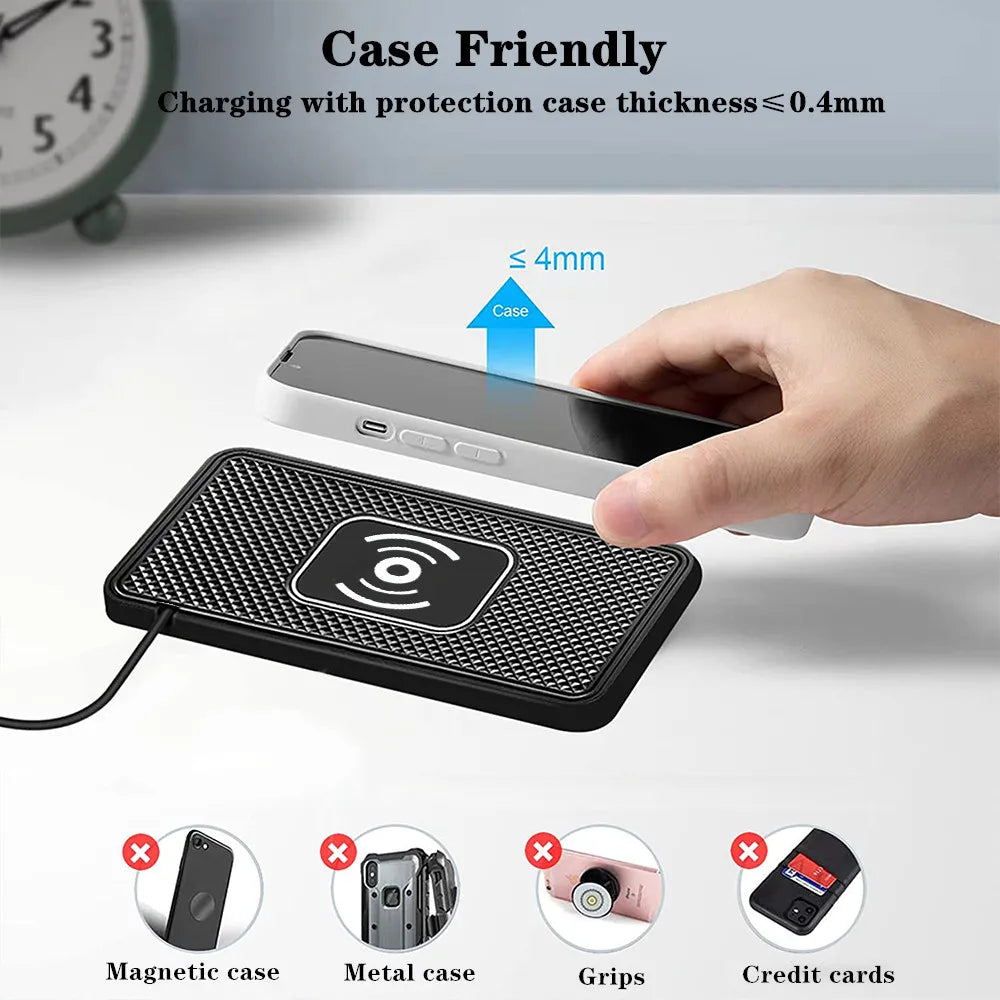 Fast Wireless Car Charger for iPhone 16-12, X & Samsung S24-S23, Silicone Pad